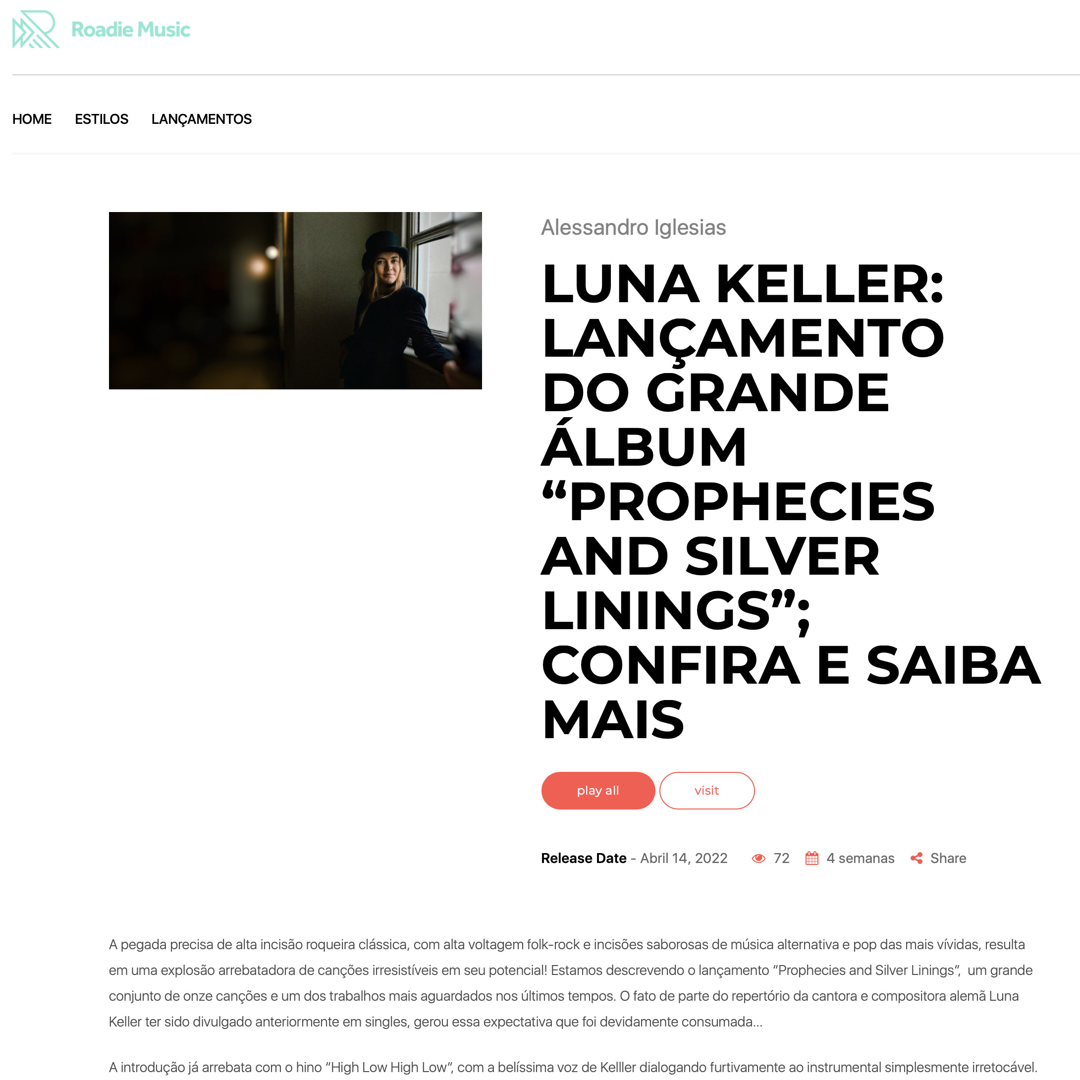 Roadie Music - Luna Keller - Prophecies and silver linings